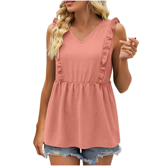 Timegard Tank Tops for Women Ruffle Sleeveless V Neck Tunic Tops Casual Summer Fashion Solid Color