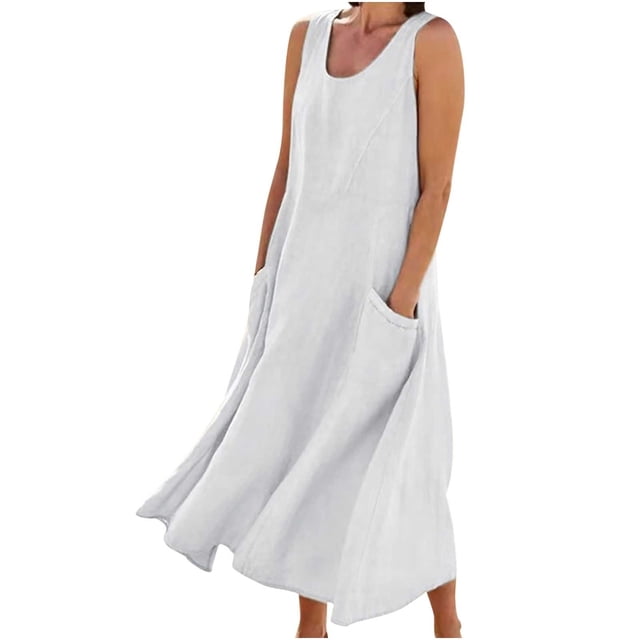 Robe Longue d'Été Sans Manches en Coton et Lin pour Femmes, Encolure Dégagée, Décontractée, Fluide, Ample, Maxi, avec Poche, pour Plage et Vacances