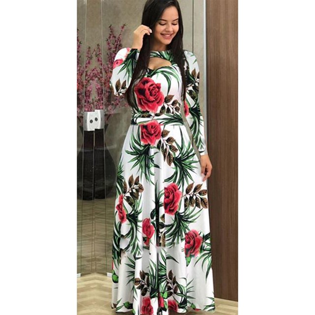 REDHOTYPE Grande Taille Femmes Manches Longues Poitrine Découpe Conception Longue Robe Florale O Col Taille Haute Stretch Boho Mode Élégante Longue Robe