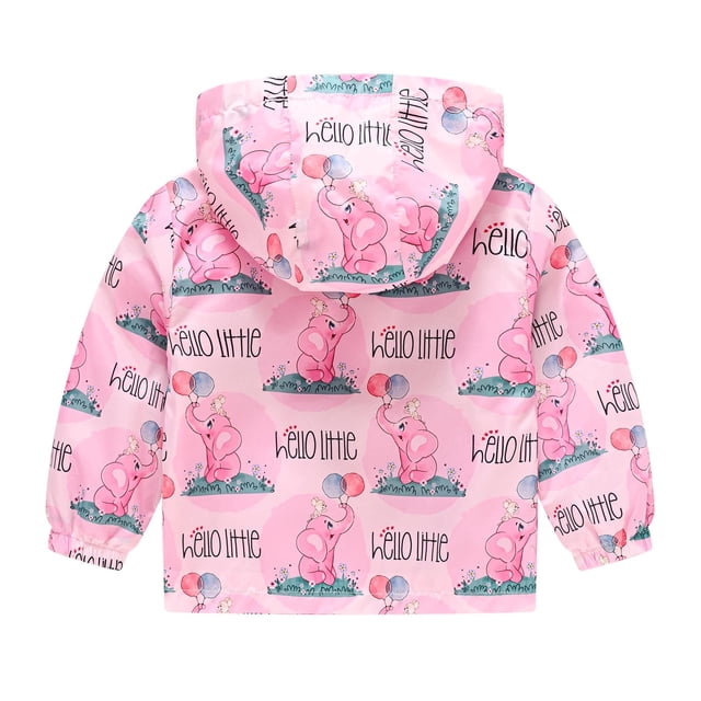 Toddler Kids Baby Boys Girls Fashion Cute Cartoon Flowers Rabbit Pattern Windproof Jacket Hooded Coat. The jacket features a pink base with a playful cartoon elephant and balloon print, along with the text 'Hello Little' repeated throughout. Designed with a hood, long sleeves, elastic cuffs, and a zipper closure for added comfort and protection. Made from windproof nylon material, it is suitable for children aged 2-8 years and ideal for outdoor activities, casual wear, or rainy days.