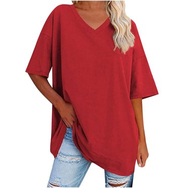 Plebaso T-Shirts Surdimensionnés pour Femmes à Col en V à Manches Mi-Longues T-Shirts Décontractés Unis Confort Hauts Amples pour Femmes