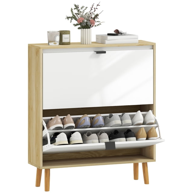 HOMCOM Narrow Shoe Cabinet, 2 Flip Drawers Shoe Storage Cabinet, White