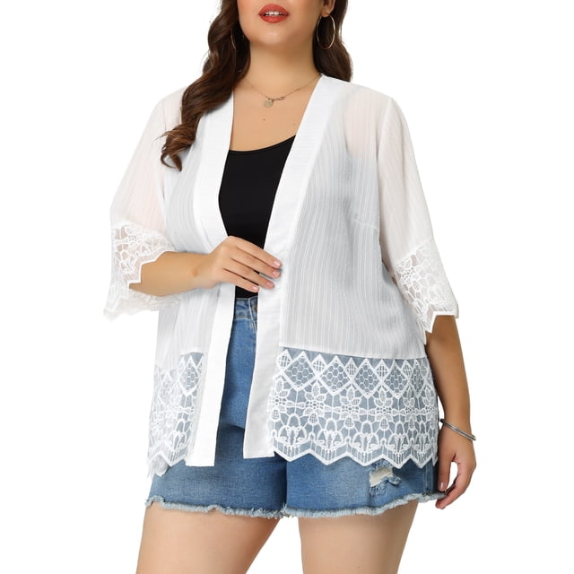 GRACE & GRANDEUR Women's Plus Size Cover Up Lace Panel Texture Printed Summer Boho Cardigans