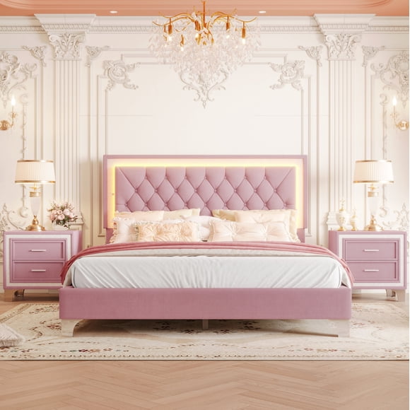 Queen Size 3-Piece Bedroom Set - Upholstered Platform Bed with LED Lights & 2 Nightstands, Pink Velvet Fabric, Modern Tufted Headboard, 700lb Capacity