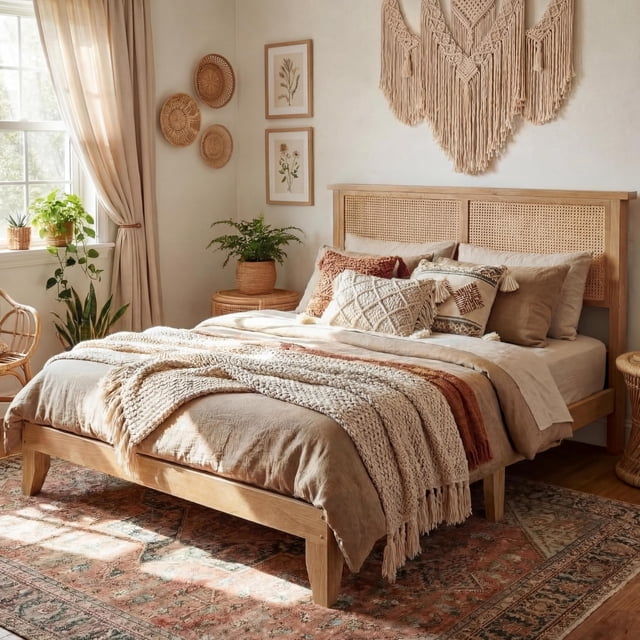 Light Ratta Headboard PioneerWorks King Size Platform Bed Frame, Natural Rattan Headboard ...