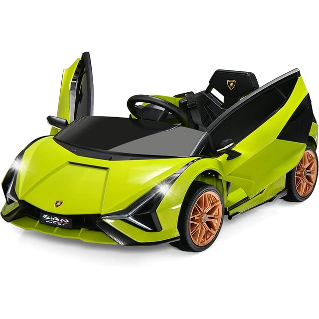 OLAKIDS 12V Licensed Lamborghini Sian Kids Ride On Car with Parent Remote Control, shown in a vibrant green finish with gold wheels. This electric toy roadster features realistic LED headlights, upward-opening Lambo doors, and a carbon fiber textured body. Designed for toddlers aged 37-95 months, it includes two driving modes: parent-controlled and child-driven. The car is equipped with a spring suspension system, slow start technology for safety, and a built-in multimedia player for music and stories. Dimensions are 42.5 x 24.5 x 16 inches, with a load capacity of 55 lbs.