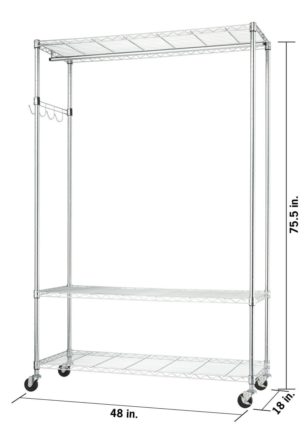 Présentoir à vêtements à roulettes à 3 niveaux TRINITY EcoStorage | 122 cm de larg. x 46 cm de prof. x 192 cm de haut. (48 po de larg. x 18 po de prof. x 75,5 po de haut.) | Chrome