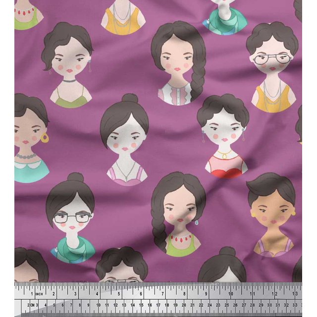 Soimoi Purple Modal Satin Fabric Women Face Human Figure Print Sewing Fabric Yard 42 Inch Wide