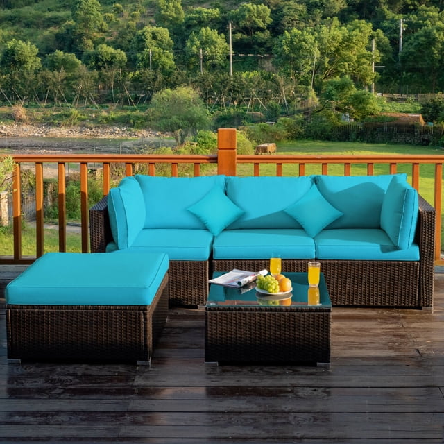 Gymax Ensemble de Conversation de Patio en Rotin 5 Pcs Ensemble de Meubles d'Extérieur avec Ottoman Coussin Turquoise