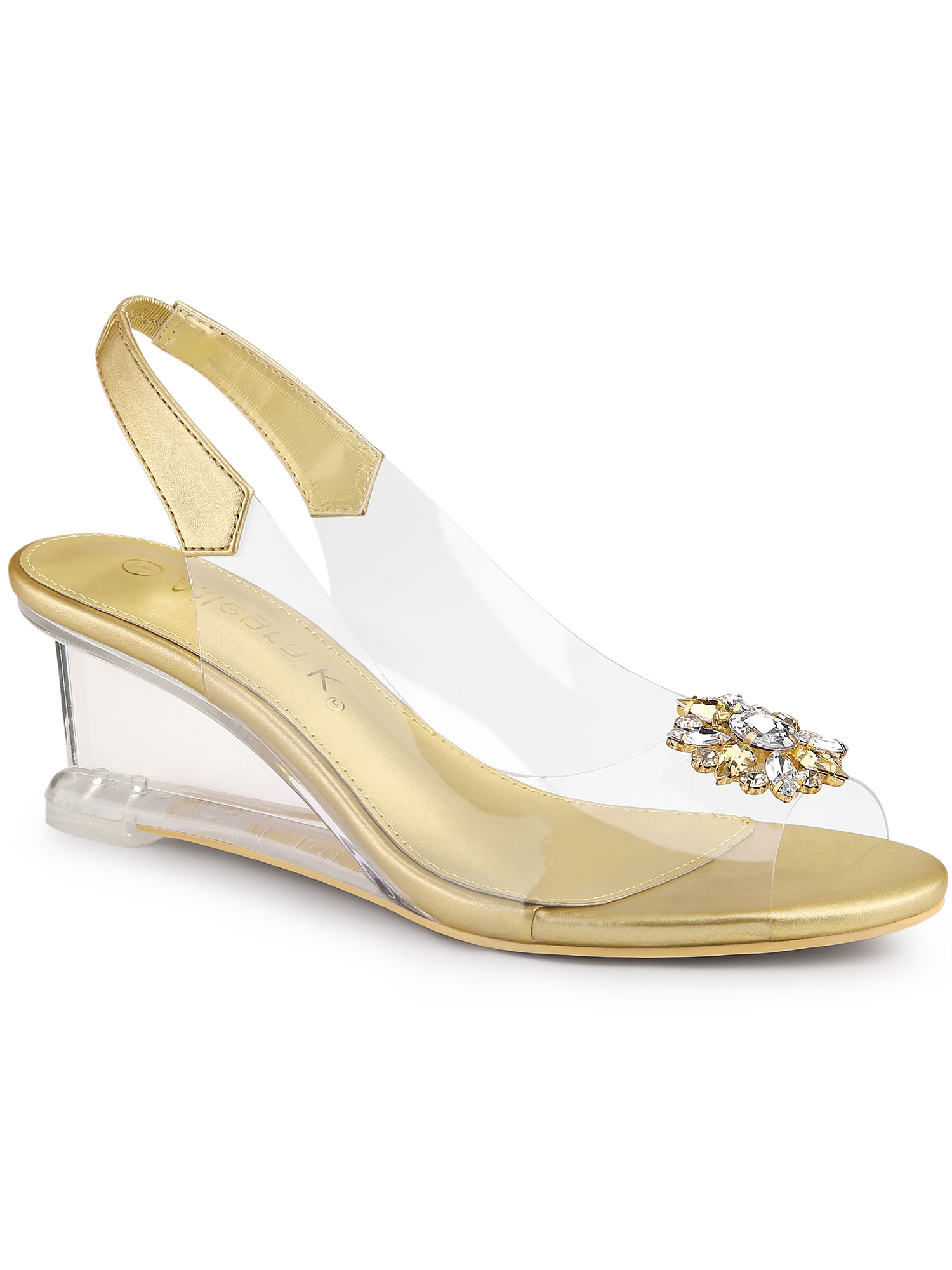 BLISSFUL STEP Women's Shoes Clear Wedge Heels Rhinestone Peep Toe Slingback Transparent Shoes Gold 11