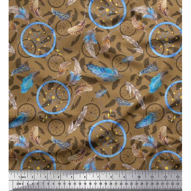 Soimoi Modal Satin Fabric Feather & Dream Catcher Home Decor Decor Fabric Printed Yard 42 Inch Wide