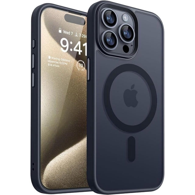 Entronix Heavy Duty Case for iPhone 15 Pro Max and 14 Pro Max in black, featuring a translucent matte back for scratch resistance and built-in magnets for MagSafe compatibility. The case offers military-grade protection with a dual-layer design combining a rugged polycarbonate shell and shock-absorbing TPU inner layer. Raised edges protect the camera, while precise cutouts ensure easy access to ports and buttons. Slim and shockproof, it balances durability with a sleek, pocket-friendly fit.