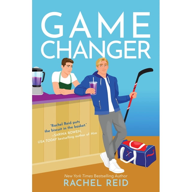 Livre Changeur de Jeu 1: Couverture de Livre Changeur de Jeu par Rachel Reid Mettant en Vedette un Homme en Veste Bleue Tenant un Bâton de hockey et un smoothie Violet, Appuyé sur un Comptoir Où un Autre Homme en Chemise Blanche et Tablier Vert Se Tient à Côté d'Un Mélangeur, avec un Sac de hockey Bleu et Rouge sur le Plancher et un Grand Texte de Titre Blanc sur un Fond Bleu.