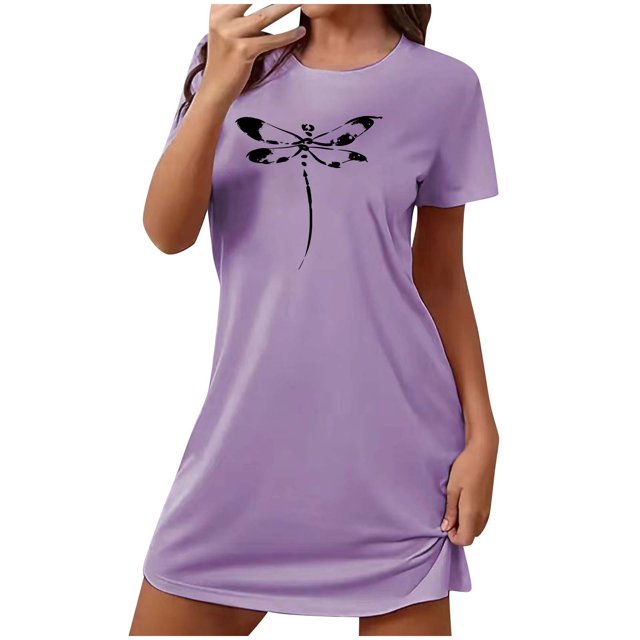 Mrat Chemise de Nuit pour Femme Chemise de Nuit pour Femme Tenue de Nuit Manches Courtes Chemise de Nuit Décontractée Imprimée Robe de Nuit Ample Confortable Pyjama S-80 Violet P