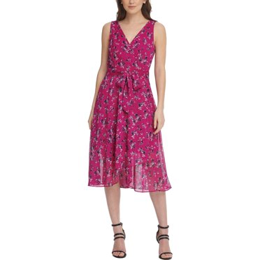 DKNY Womens Purple Floral Sleeveless V Neck Midi Sheath Dress Size 14