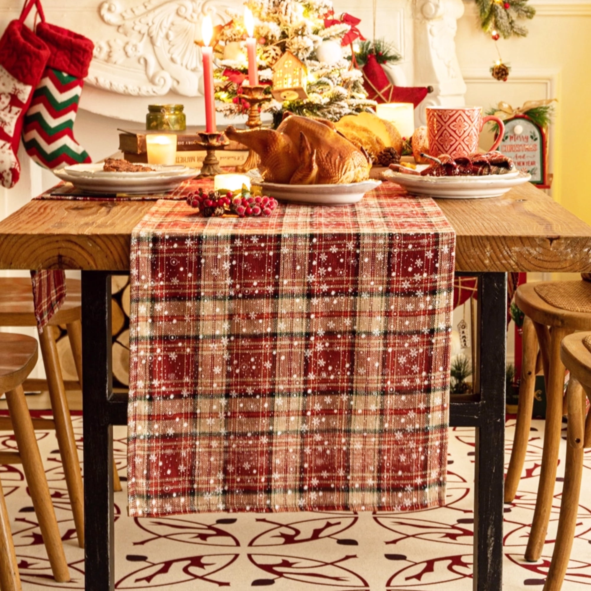 Plaid Christmas Table Runner, Winter Holiday Snowflake Table Runners, Xmas Decorations Indoor Outdoor Farmhouse Home Kitchen Dining Party Decor