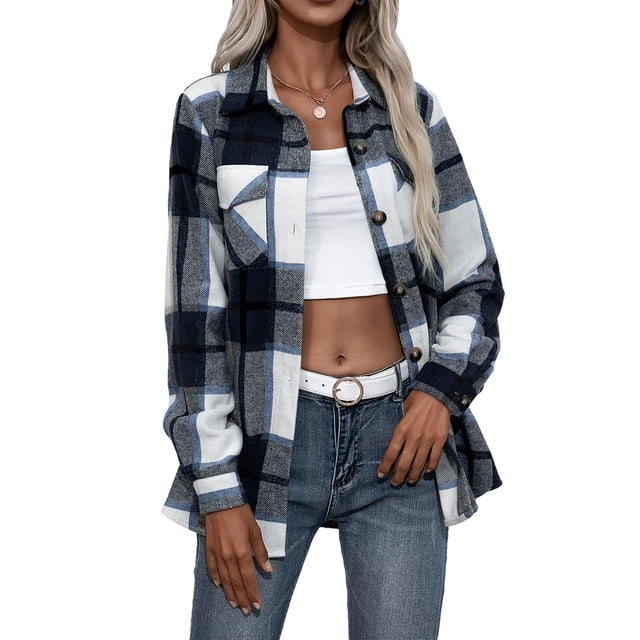 Women Plaid Flannel Shirt Jacket Button Down Lapel Long Sleeve Shacket Cardigan Coats Fall Spring Clothes