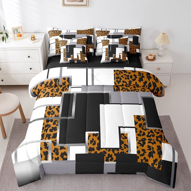 YST Orange Leopard Print Comforter Set With Sheets 7 Piece Queen Black Grey Abstract Geometric Bedding Set Safari Cheetah Grids Bed In A Bag For Kids Adults Wildlife Animal Check Bed Set