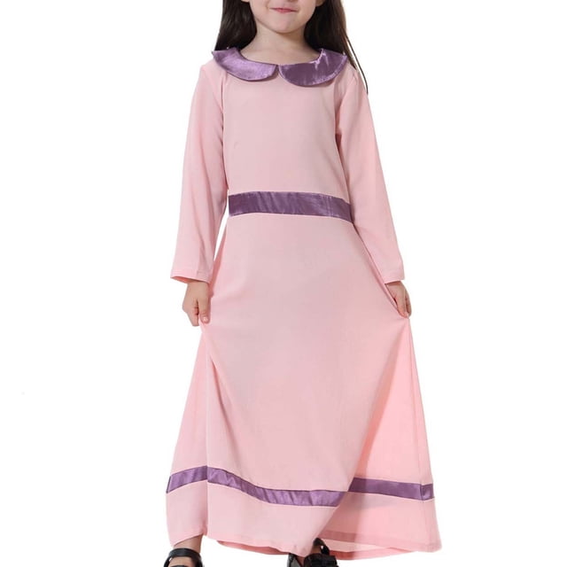 Robes pour Enfants Liquidation Robe Longue Musulmane Filles Moyennes Grandes Manches Longues Col Claudine Robe à Blocs de Couleur Robes de Pâques pour Filles Robe Maxi pour Demoiselles d'Honneur Rose Nouveau
