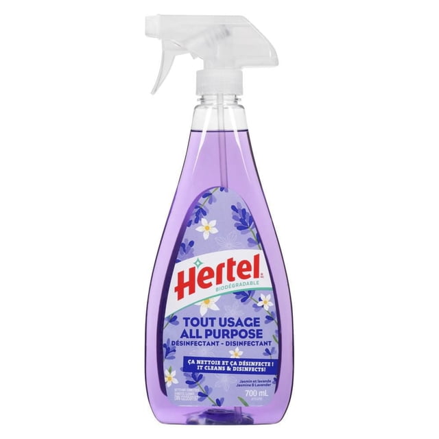 Hertel Jasmine And Lavender All Purpose Cleaner in a clear spray bottle with purple liquid and floral label, 700 mL, designed for versatile household cleaning and disinfecting on surfaces like counters, sinks, and tiles.
