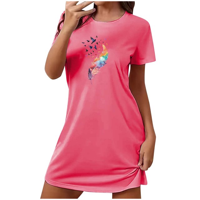 Mrat Pyjama pour Femmes Jupe-Short Chemise de Nuit Courte Surdimensionnée pour Femmes Mode Imprimé Poitrine Robe de Nuit à Manches Courtes P-105 Rose Vif TG