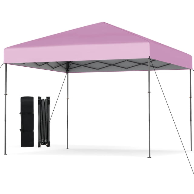 Costway 10 x 10 FT pop up canopy tent in pink with a durable oxford fabric top featuring UPF50+ sun protection and a silver coating. The tent includes a black portable carrying bag, 8 stakes, 4 wind ropes, and a sturdy metal frame with truss connections for stability. It offers 3 adjustable height settings (8.3, 8.8, and 9.3 ft) and is suitable for outdoor activities like camping, festivals, and backyard gatherings.