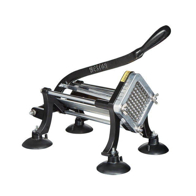 Weston Professional French Fry Cutter and Vegetable Dicer 36-3550-W with black cast iron handle and frame, stainless steel 3/8 inch cutting blades, and four suction cup feet for stable countertop use, suitable for cutting potatoes, vegetables, and fruits during kitchen food preparation.