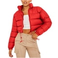 thumbnail image 1 of hoksml Women's Cropped Puffer Jacket with Drawstring Hem, Stand Collar Boxy Zip Front Casual Streetwear Short Jacket, 1 of 5