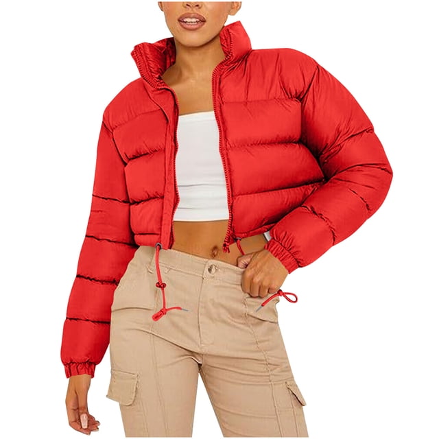 hoksml Women's Cropped Puffer Jacket with Drawstring Hem, Stand Collar Boxy Zip Front Casual Streetwear Short Jacket