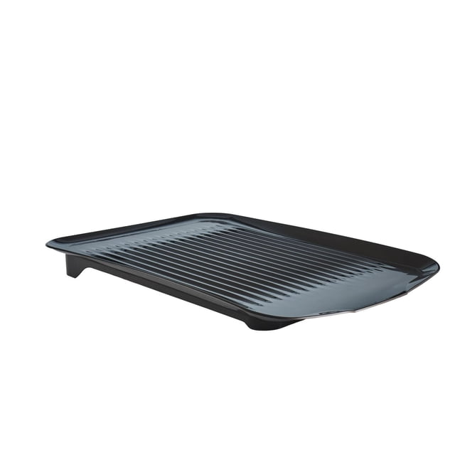 Maison Kleen Dish Drain Board in black with a slim, lightweight design featuring a sloped surface and raised edges with parallel ridges to channel water back to the sink, ideal for kitchen sink organization and keeping counters dry, mold resistant and easy to remove for extra counter space.