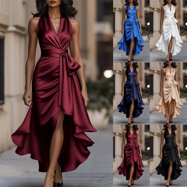 Mceream Robes de Cocktail pour Femmes Invitées de Mariage Grande Taille Robe Longue Portefeuille en Satin Sans Manches à Col en V à Volants Asymétrique Élégante Robe Formelle Bordeaux TTG