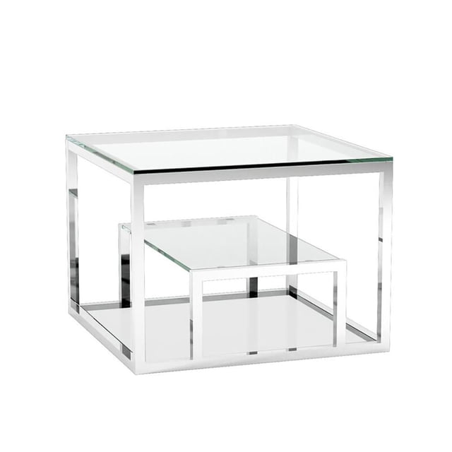 table d'Appoint Argentée à Étagères Multiples avec Cadre en Acier Argent Poli et Deux Étagères en Verre Transparent, Incluant un Niveau Inférieur pour le Rangement, Idéale pour le Salon, le Bureau Ou l'Entrée et Convient pour Exposer des Décorations Ou des Livres.