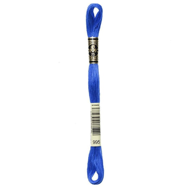 DMC Blue Cotton 6 Strand Floss 8m skein in bright blue, made from 100% long staple Egyptian cotton with double mercerized sheen, wrapped with black and gold DMC label and white barcode tag, ideal for cross-stitch, embroidery, needlepoint, and scrapbooking.