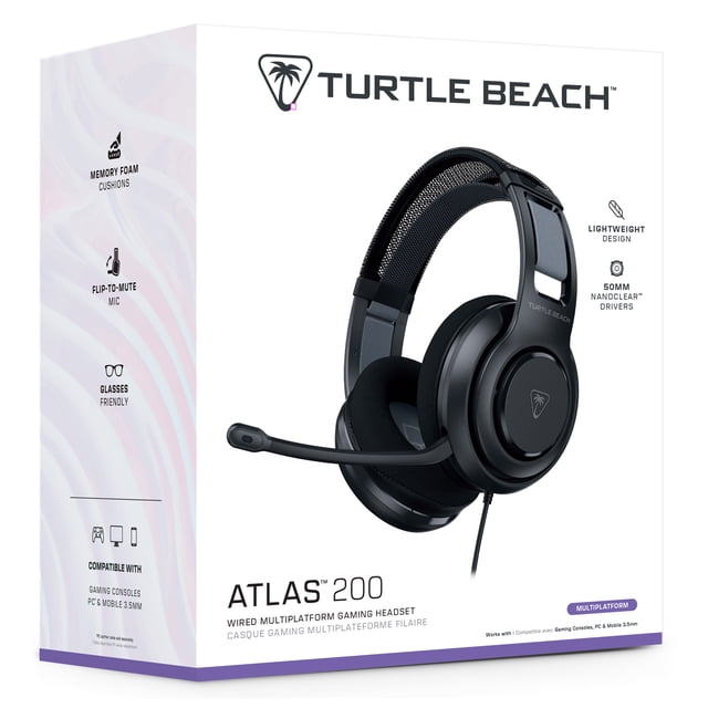 Turtle Beach Atlas 200 wired multiplatform gaming headset shown on packaging, featuring black over-ear headphones with mesh floating headband, memory foam ProSpecs cushions for glasses, and uni-directional flip-to-mute microphone, compatible with gaming consoles, PC, and mobile via 3.5mm connection.