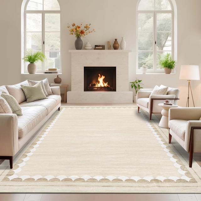 Washable Area Rug 9x12ft – Soft Non-Slip Low Pile Carpet with Modern Border Design, Neutral Beige – Large Rug for Living Room, Bedroom and Dining Room