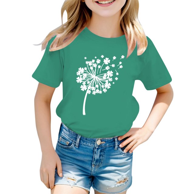 PMVFHDE T-Shirts Fille T-Shirts d'Été Chemises pour Fille 2025 T-Shirt Fille Hauts Manches Courtes Hauts d'Été pour Fille Imprimé St. Pat Col Rond Manches Courtes pour Filles Vert Armée,12-13ans