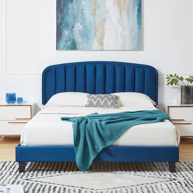 Intexca Queen Size Velvet Bed Frame, Adjustable Headboard, Wood Slats (Blue)