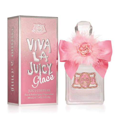 Viva La Juicy Glace EDP for Her 100mL by Juicy Couture, featuring a multicolour perfume bottle adorned with a pink bow and floral embellishment, displayed alongside its matching pink and silver packaging. Designed for women, this eau de parfum offers a luxurious fragrance experience.