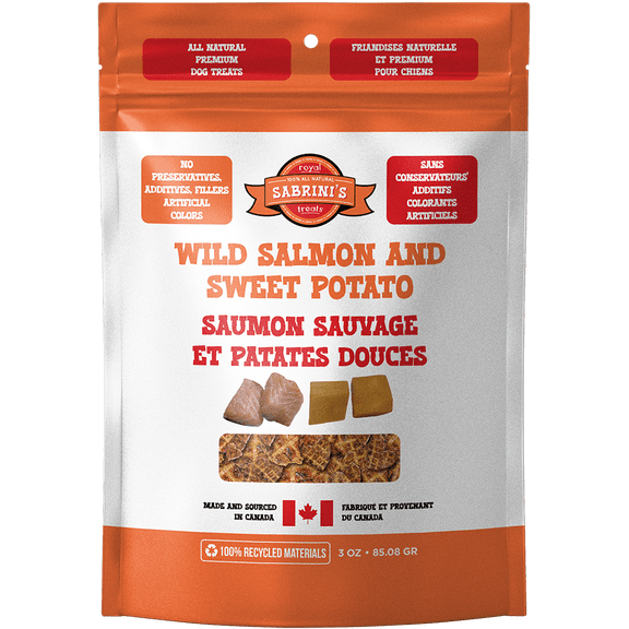 Sabrini's Gâteries pour Chiens au Saumon et à la Patate Douce, Gâteries Déshydratées Sans Grains à Ingrédients Limités – 3 oz