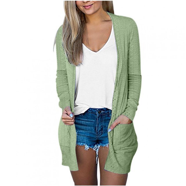 Timegard Cardigan for Women Eyelets Lightweight Open Front Long Sleeve Outwear Beach Cover Ups with Pockets