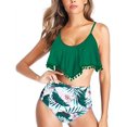 thumbnail image 4 of Women High Waisted Bikini Ruffle Swimsuit Flounce Pom Pom Trim Two Piece Bathing Suit Green Floral (XL, 4 of 6