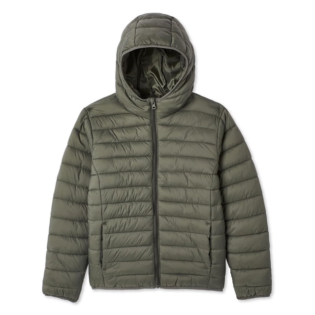 George Manteau Matelassé à Capuchon pour Garçons en Taffetas de nylon Vert olive Hydrofuge avec design Matelassé, Fermeture Éclair Intégrale, Manches Longues, Capuchon Intégré, Deux Poches sur les Coutures et Ourlet Droit, Convient pour l'Extérieur et la Superposition.