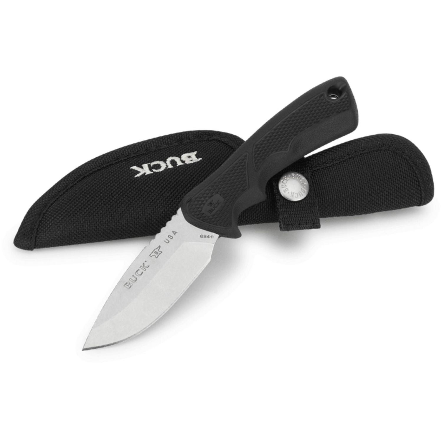 Petit couteau 684 BuckLite Max II – Lame à pointe tombante en acier 420HC, manche en caoutchouc Dynaflex®, gaine en polyester robuste – 0684BKS-B, noir, fabriqué aux États-Unis