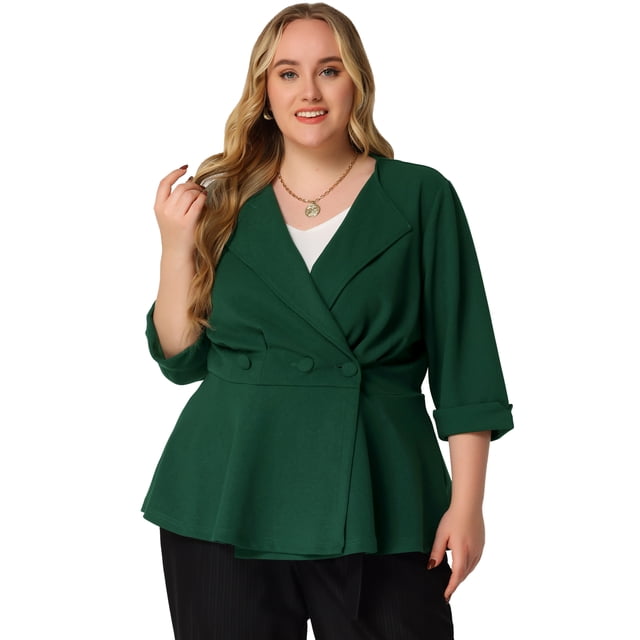 GRACE & GRANDEUR Women's Plus Size Blazers Ruffle V Neck Button Ruched Casual Peplum Blazer 3X Dark Green