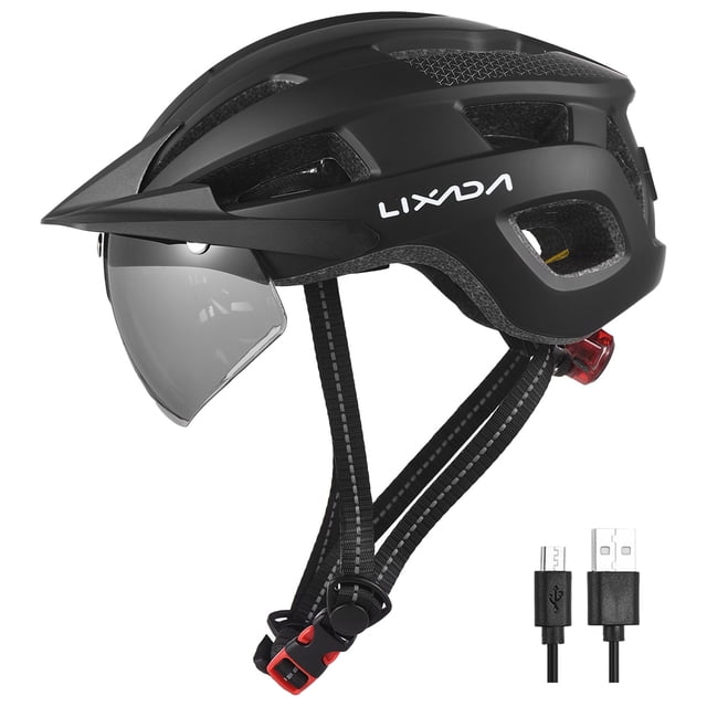 LIXADA HT003 Bicycle Helmet with Detachable Goggles, Visor & Built-in Rechargeable Tail Light - PC Shell & High Density EPS Construction, 54-62cm Head Circumference, 306g Lightweight Design (Black)