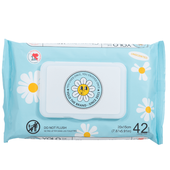 Yolo The Brand, Cleansing Wet Wipes, Unscented, Hypoallergenic for Sensitive Skin, Biodegradable, Made with Aloe Vera, Chamomile and Cucumber Extract, FSC Certified Pulp, 1 Flip Top Pack, 42 Count