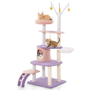 Gymax Tour de l'arbre de chat violet mignon de 62'' avec des poteaux de scratch couverts de sisal plus petits à l'intérieur