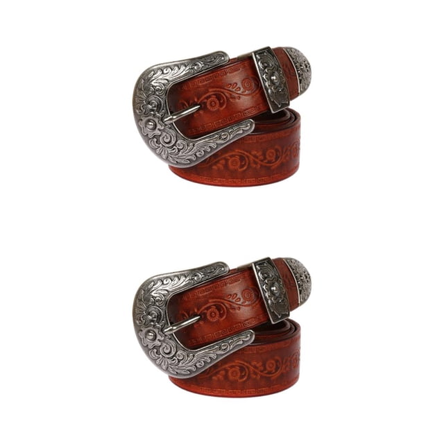 Ruiboury Embossed Pattern Belt With Fine Craftsmanship For Vintage And Western Looks Long Fashion Embossed Pattern Rivet Belt Long flower brown 110cm 2Set