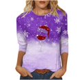 thumbnail image 1 of Pisexur Hauts de Noël pour Femmes Blouses Manches 3/4 T-Shirt Imprimé Verres de Vin Rouge Hauts Mode Xmas Col Rond Chandail à Enfiler Hauts Décontractés Amples T-Shirts d'Automne, 1 of 4