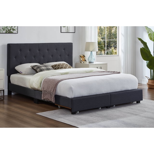 Zoey Lit Plateforme de Rangement avec Tête de Lit Capitonnée à Boutons et Réglable, Doté d'Une Tête de Lit Douce Capitonnée à Boutons et Réglable en Tissu Charbon Foncé. le Lit Comprend Deux Grands Tiroirs avant pour un Grand Rangement, Alliant style et Fonctionnalité. Exposé dans un Cadre de Chambre Moderne avec Plancher de Bois, une table de Chevet et la Lumière Naturelle Provenant d'Une Fenêtre.